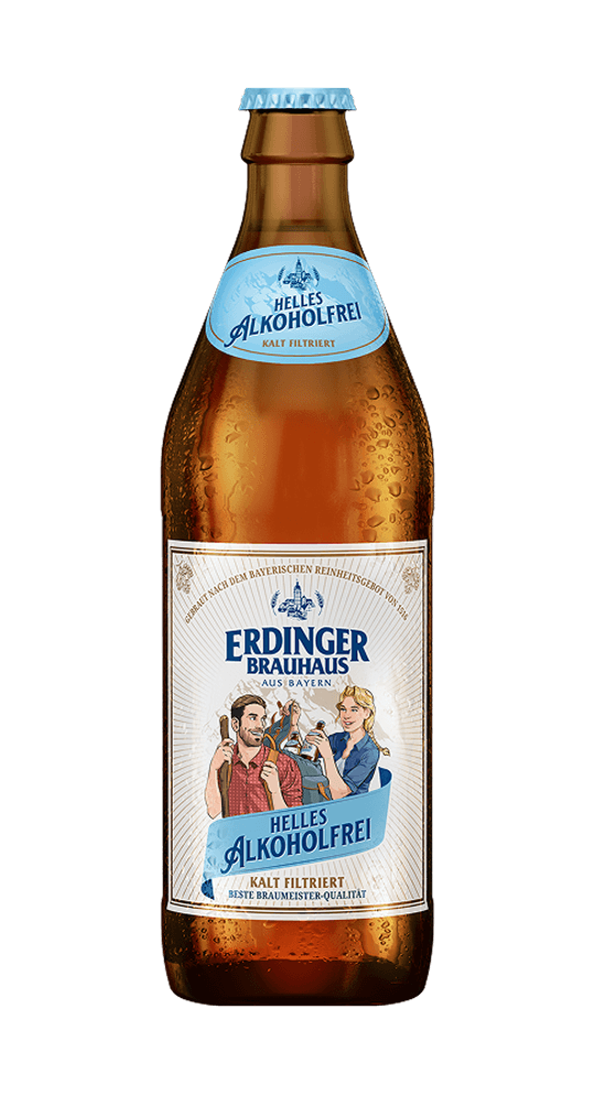 A woman is laughing and holding an ERDINGER Brauhaus Helles in her hand at a folk festival.