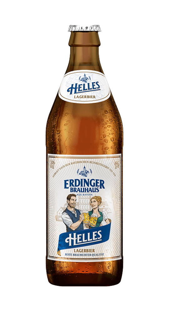 A woman is laughing and holding an ERDINGER Brauhaus Helles in her hand at a folk festival.