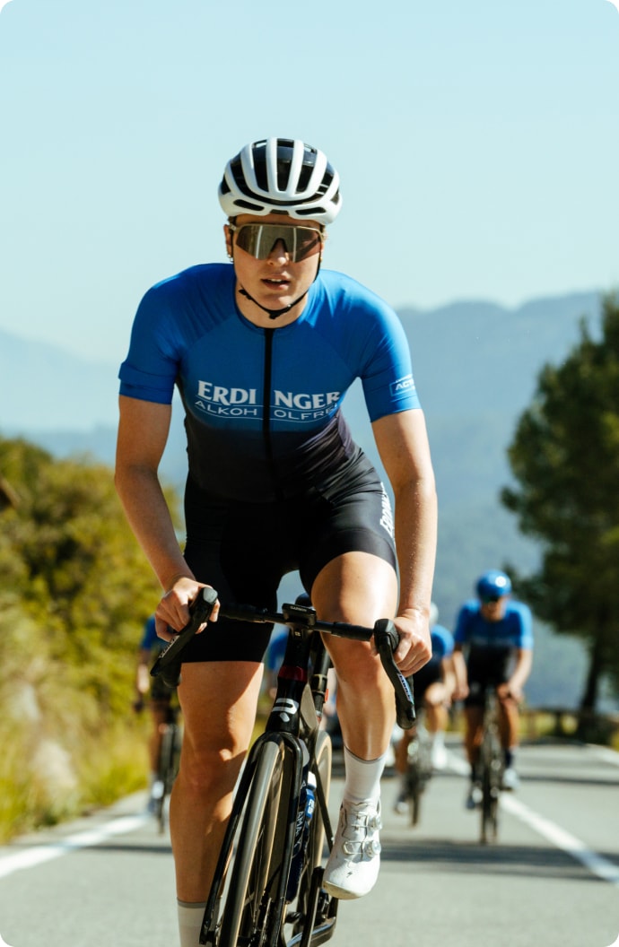 Triathlete during road bike training in the mountains of Mallorca.